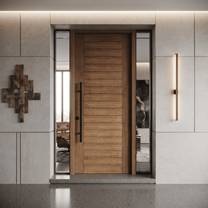Puerta de entrada interior de madera de ingeniería con marco sólido de Merbau, listones horizontales, puerta principal exterior/interior con manija larga negra. - Product Image 4