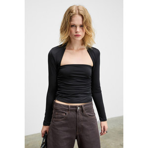 GRIMELANGE <b>Women's</b> Square Neck <b>Bolero</b> Blouse with Side Ruched Long Sleeves and Stretch Fabric - Product Image 1