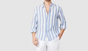 Chemise décontractée homme en lin bleu à manches longues, col rabattu, teinte unie, anti-rétrécissement, séchage rapide, durable, 100g – Collection Été 2026 - Product Image 3