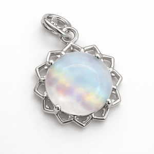 Handmade Minimalist Sterling Silver Rhodium Plated 12mm <b>Moonstone</b> Round Flower Classic <b>Pendant</b> Unisex Fine Jewelry Gift - Product Image 4