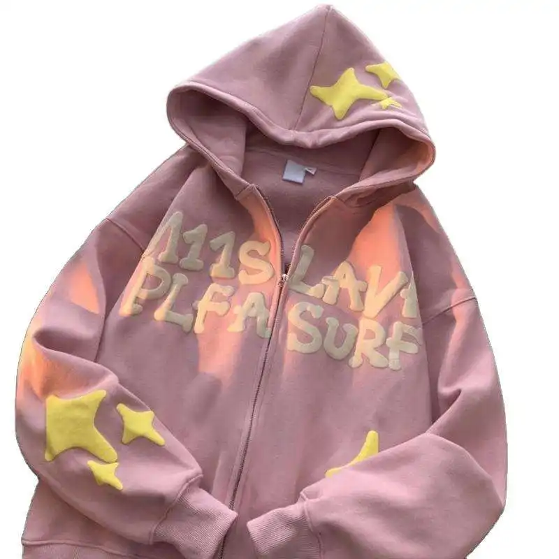 2023 OEM Custom Logo Acid Wash Hochwertige Vintage Hoodies aus 100% Baumwolle Unisex Overs ized 3D Puff Printing Full Zip Up Hoodie