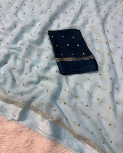 Saree élégant traditionnel de concepteur avec le style long de matériel de Georgette de travail brodé pour des événements formels de fêtes de festivals - Product Image 5