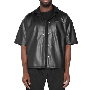 High Quality Custom Applique Embroidery Loose Fit Short Sleeve Button up <b>T</b> <b>Shirt</b> <b>Vegan</b> Leather Short Sleeves <b>T</b> <b>Shirt</b> for Men's - Product Image 1