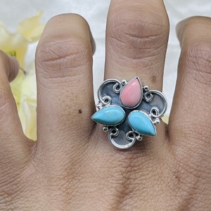 925 Sterling <b>Silver</b> Bohemia Designer Wedding <b>Ring</b> Beautiful Pink Opal & Turquoise Handmade Bezel <b>Set</b> Cute Style - Product Image 3