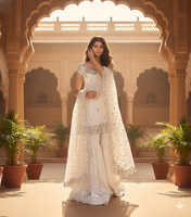 Salwar Kameez de fête pour femmes, Inde et Pakistan, en matériaux recyclés, en Faux Georgette épais, avec broderie et travail de pierres véritables, longueur genou