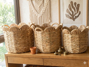Natural Water hyacinth <b>Storage</b> Basket Set Scallop Edge Round Stackable Eco Friendly Laundry Organizer Rustic Style - Product Image 6