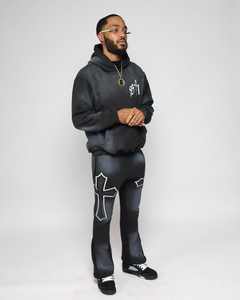 Custom Vintage Jogging Sweatsuit Men Clothing Distressed Cotton Applique <b>Embroidery</b> Flared Sweatpants and Cropped Hoodie <b>Sets</b> - Product Image 1