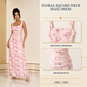 <span class=keywords><strong>Abito</strong></span> <span class=keywords><strong>lungo</strong></span> da donna personalizzato <span class=keywords><strong>rosa</strong></span> floreale con scollo quadrato e drappeggio, aderente, per occasioni speciali, OEM ODM - Product Image 1