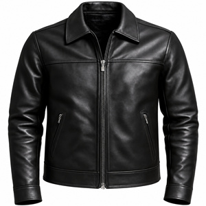 Veste en cuir noir pour homme, fermeture éclair, style motard, col rabattable, coupe-vent - Product Image 1