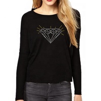 Groothandel Custom Design Vrouwen Drop Schouder Oversize Black Kleur T-shirts Puur Katoen Half Mouwen Rhinestone