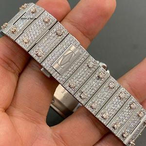 Montre de luxe antique sertie de moissanite, cadran en verre or rose, bracelet en acier inoxydable 20 mm, double mouvement, montre hip-hop - Product Image 2