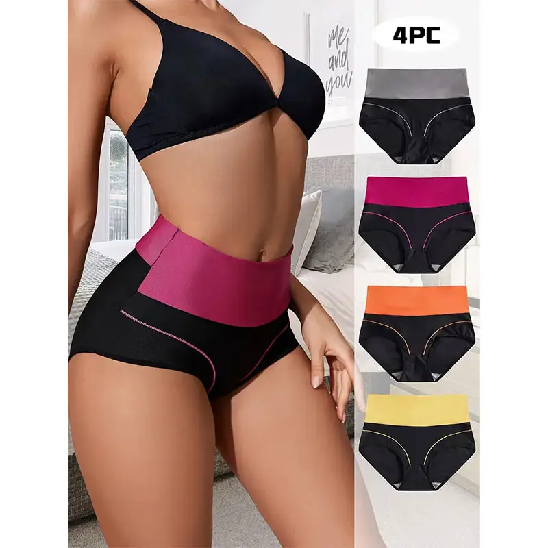 4pcs Color Block Tummy Control Briefs - Sculpting & Butt Lifting - Super Soft Stretchy Womens Intimates, Luxurious Comfortible