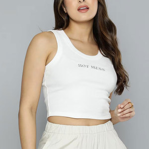 Crop top blanc pour femme, col rond, sans manches, tricoté, style streetwear, coupe classique, écologique, respirant, printemps-été - Product Image 1
