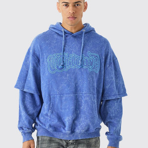 Custom Oversized Faux Layer Acid <b>Wash</b> Embroidered Hoodie Men's Hoodies Cotton Blended Custom Design Latest Fashion Factory Price - Product Image 1