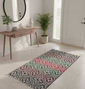 Hand Tufted <b>Black</b> Red & Green Wool <b>Rug</b> Floral Leaf Lattice Modern Boho Area Carpet - Product Image 1