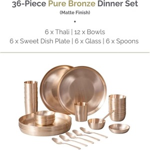 36-Piece Solid Metal Kansa Dinner Set 6 Plate (10.5\" Thali) 12 Bowls 6 Glass 6 Sweet Dish Plate & 6 Spoon Bronze Dinner Set - Product Image 3
