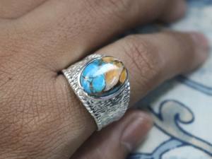 Bague ovale épaisse en argent sterling 925 avec turquoise nacrée, faite à la main, pour bijoux unisexes - Product Image 5