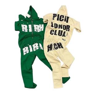 Haute qualité grande taille Street Style hommes Zipper survêtements personnaliser sérigraphié coton polaire lavage à l'acide hiver deux pièces ensembles - Product Image 3