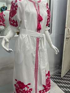 New Boho Embroidered <b>Linen</b> <b>Maxi</b> <b>Dress</b> 100% Cotton Short Sleeve Casual Ukrainian Style Ghana Trendy Long Washable Natural - Product Image 2