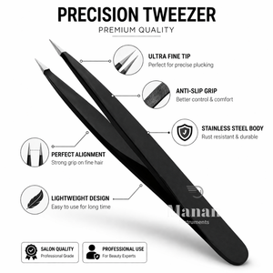 Pinzas de Precisión Negras de Acero Inoxidable con Punta Fina, Herramienta Profesional Antideslizante para Depilación de Cejas - Product Image 5