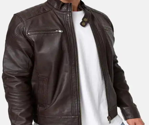 Veste en cuir véritable vintage pour homme, moto, motard, protection, 100% cuir de vache véritable, col montant, logo sur le devant - Product Image 3