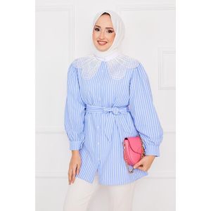 Hauts modestes bleus avec chemise hijab à col en dentelle rayée - Product Image 4
