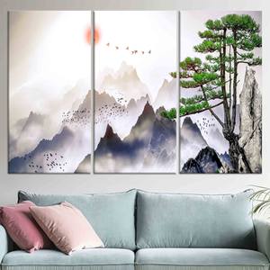 Tableau imprimé sur toile : Sérénité de la vue sur les montagnes dans un design minimaliste, LOT DE 3 TOILES - Product Image 1