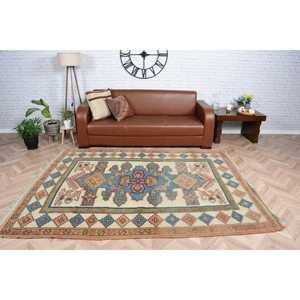 พรมวินเทจขนาด 5.9x7.9 ฟุต สีน้ำเงินลายปะติดปะต่อแบบตุรกี ทำจากขนสัตว์ - Product Image 1