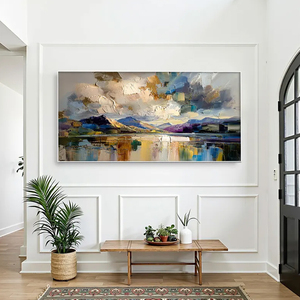 Thick Palette Knife Mountain Lake Reflection Still Life Hand Painted Oil Painting <b>Canvas</b> Hanging Artwork for Hotel Lobby Wall - Product Image 1