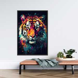 งานศิลปะผ้าใบพิมพ์ลายหรูหราที่มีดีไซน์เสือสีสันสดใสตัวหนาผ้าใบกรอบสีดำ - Product Image 1