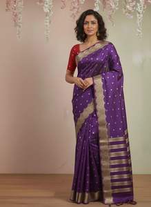 Sari de Crepé Georgette Puro para Mujer, Viscosa Pura, Hermoso Diseño de Dos Zari Daman, Hermosa Blusa de Viscosa Butti, Hecho en India - Product Image 2