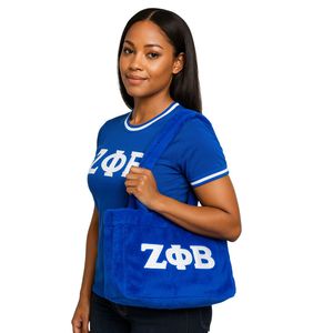Zeta Phi Beta ZPB Sorority pelliccia Tote Bag blu reale con lettere bianche in morbido tessuto peluche regalo di confraternita collegiale - Product Image 1