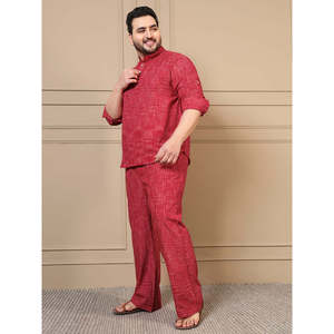 Amanush Men's Red Plus Size Striped Cotton Kurta With <b>Mandarin</b> <b>Collar</b> Three Quarter Sleeve Casual Autumn Wear Regular Fit - Product Image 3