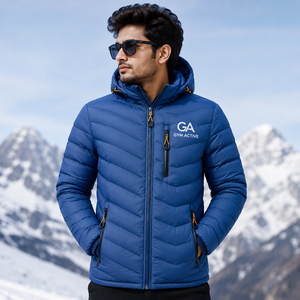 <b>GYM</b> ACTIVE Men's Blue Shiny Hooded Puffer <b>Jacket</b> Windproof Quilted Polyester Winter Casual Outdoor Wear Front Logo Embroidery - Product Image 4