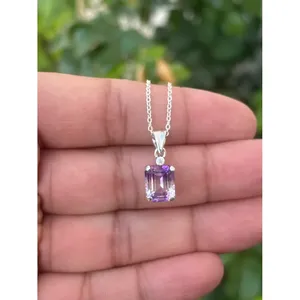925 Silver Bi <b>Amethyst</b> <b>Necklace</b> with Emerald Cut Diamond and Rhodium Plating Geometric Link Chain for Gift - Product Image 1