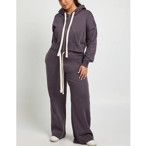 Chándal de ejercicio con cremallera teñido en fábrica para mujer, de peso medio, de forro polar de poliéster, con cordón decorativo, conjunto a juego para otoño, al por mayor - Product Image 3