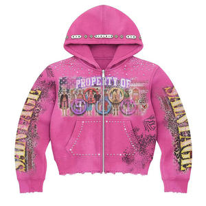 Sweat à capuche court en molleton ample personnalisé 100% coton, fermeture éclair, délavage acide, décoloration au soleil, strass, effet délavé, pour l'hiver - Product Image 3