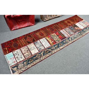 2.5x8.1 ft Vintage Rug, Turkish <b>Runner</b> Rug, <b>Red</b> Blue Floral Wool Rug - Product Image 2