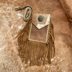 Gran oferta, bolso móvil cruzado con flecos grandes de piel de vaca hecho a mano para mujer, bolso de teléfono móvil Concho de cuero genuino occidental para mujer - Product Image 3