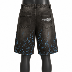 Pantalones Cortos Vaqueros Personalizados de Mezclilla Lavada Estilo Vintage para Hombre, Holgados, Estilo Urbano, con Pedrería y Diseño de Llama, OEM ODM, Marca Privada, Venta al por Mayor - Product Image 2