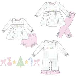 Benutzer definierte Weihnachts stickerei Mädchen Kittel Kleidung Sets OEM Rüschen Langarm Mit Hosen Für Geschwister Kleinkind Day Wear Outfits - Product Image 1
