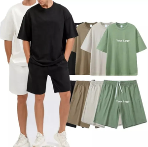 Conjuntos Deportivos de Lona con Logotipo Personalizado, Camiseta de Manga Corta con Cuello Redondo 100% Algodón para Hombre, Pantalones Cortos Deportivos de Cintura Alta con Cordón de Secado Rápido - Product Image 1