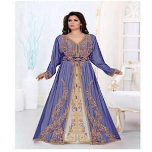 Caftan marocain à la mode à manches longues col en V à la main Georgette Abaya robe broderie traditionnelle musulmane vêtements accessoire pour - Product Image 1