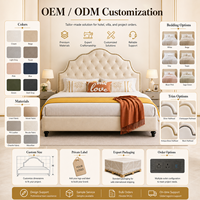 Lit capitonné en cuir sur mesure avec tête de lit cintrée, garniture cloutée, cadre en bois de pin, design minimaliste, taille King/Queen