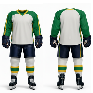 ชุดฮอกกี้น้ำแข็งขายส่ง สีเขียว-เหลือง แขนเสื้อตัดสี ชุดทีม ด้านหน้า-ด้านหลัง ชุดกีฬา รับผลิตแบบ OEM - Product Image 3
