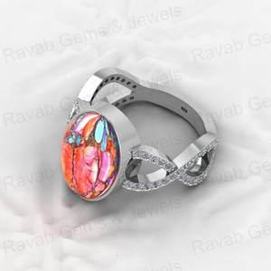 925 Sterling Silver Spiny Oyster <b>Turquoise</b> Gemstone Bezel Setting Rhodium Plated Women's Unisex Wedding Engagement Party <b>Ring</b> - Product Image 6