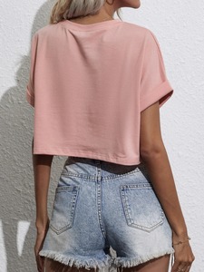 Camiseta de cuello redondo con logotipo personalizado para mujer, camiseta de algodón y poliéster de alta calidad, precio al por mayor - Product Image 3