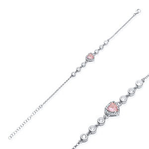 Heart Design Pink <b>Clear</b> Zircon Turkish Handcrafted Wholesale Charm Bracelet 925 Sterling Silver Jewelry - Product Image 2