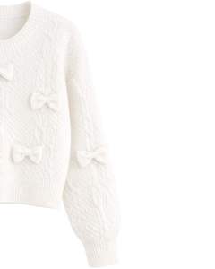 Manufacture Customized Women <b>White</b> Cable Knit <b>Cropped</b> Sweater With Bow Applique <b>Long</b> <b>Sleeve</b> Round Neck Cute Winter Fashion <b>Top</b> - Product Image 2