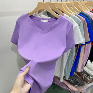 T-shirts de haute qualité pour l'été, logo personnalisé, coton, vêtements décontractés, manches courtes, col en V, chemise unie pour femmes - Product Image 4
